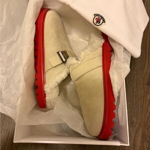 MONCLER NEW NEVER WORN Cream Suede Buckle Slippers with Red Soles